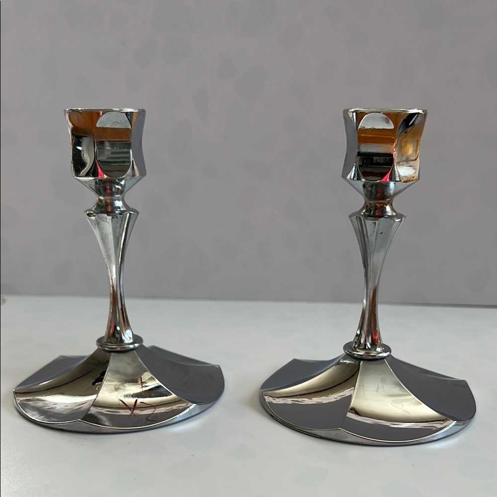 Pair of Silver Candlesticks - Irvinware - Made in USA - Chrome 4” tall